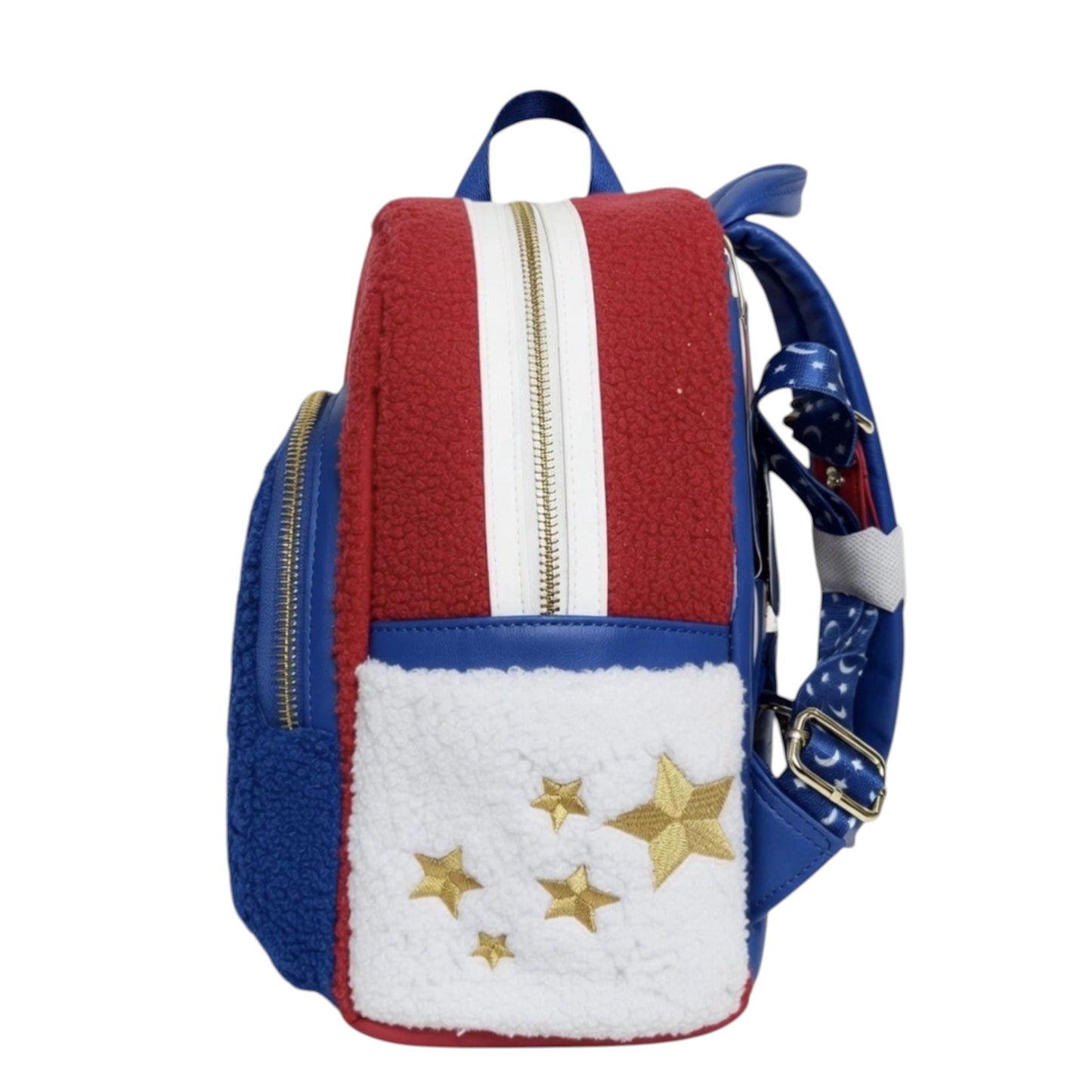 Disneyland Paris Excl Sorcerer Mickey Fantasia Sherpa Mini Backpack with red, white, and blue design on a white background