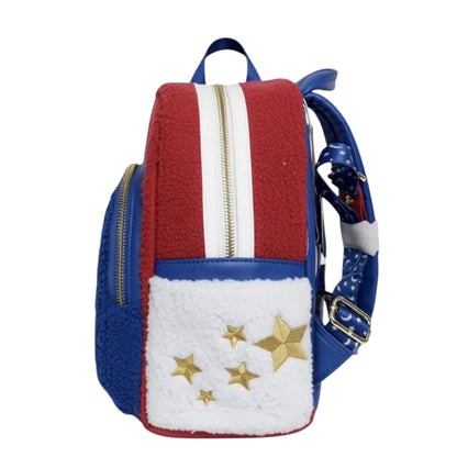 Disneyland Paris Excl Sorcerer Mickey Fantasia Sherpa Mini Backpack with red, white, and blue design on a white background