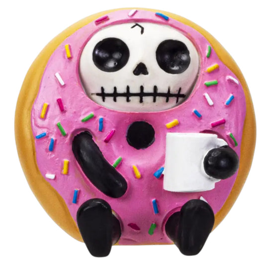 Pink frosted donut with a skeleton face and colorful sprinkles figurine on a white background