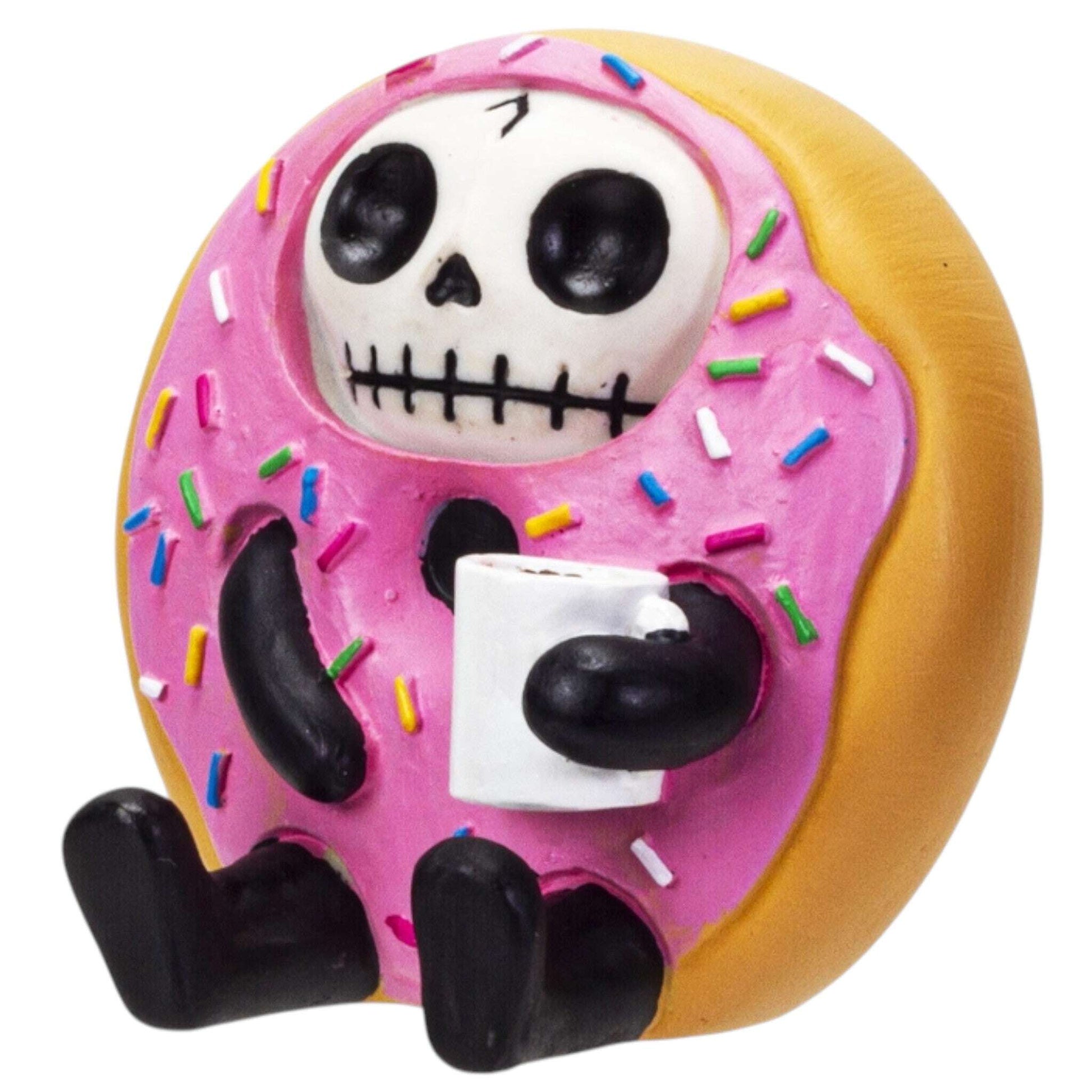 Pink frosted donut with a skeleton face and colorful sprinkles figurine on a white background