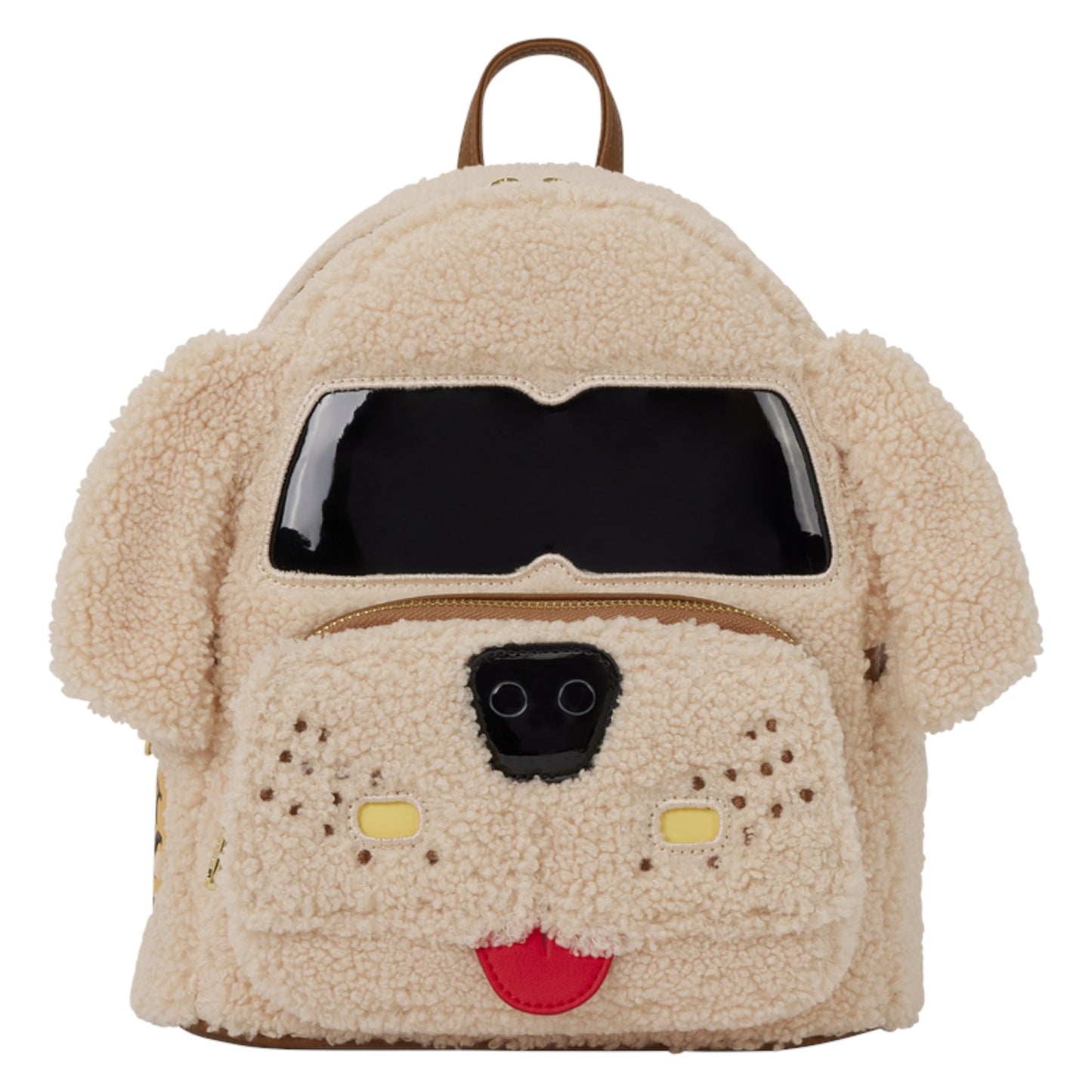 A dog-shaped teddy fleece backpack in beige, featuring a black face window, black nose, yellow nose patches, a red tongue, and brown ears and top handle.