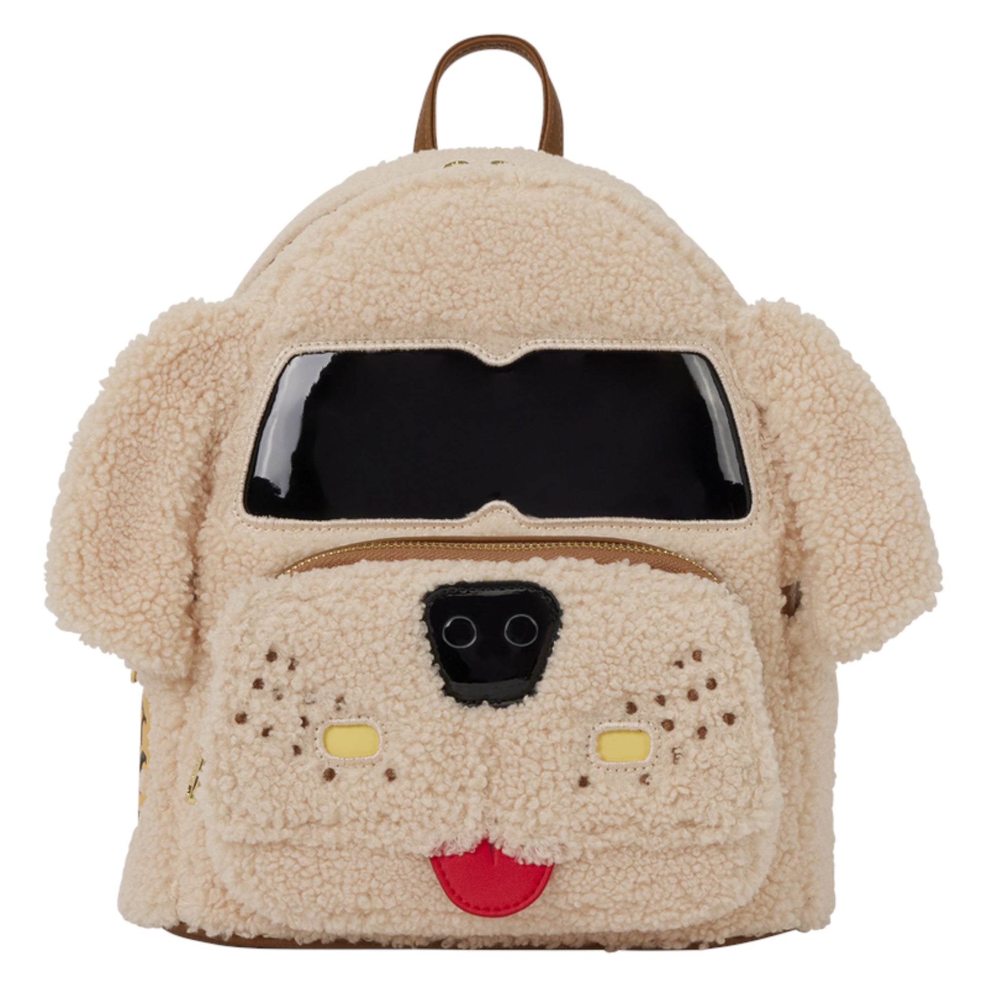 A dog-shaped teddy fleece backpack in beige, featuring a black face window, black nose, yellow nose patches, a red tongue, and brown ears and top handle.