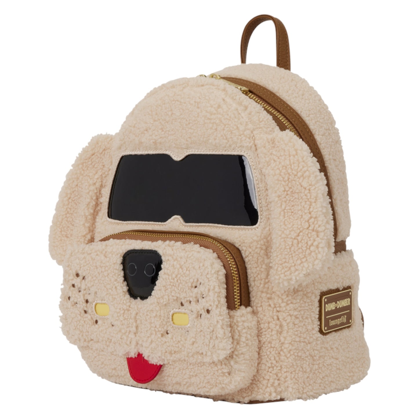 A dog-shaped teddy fleece backpack in cream beige, featuring a black nose and mouth, yellow eyes, brown zippers and handle, and a small brown brand patch on the side.