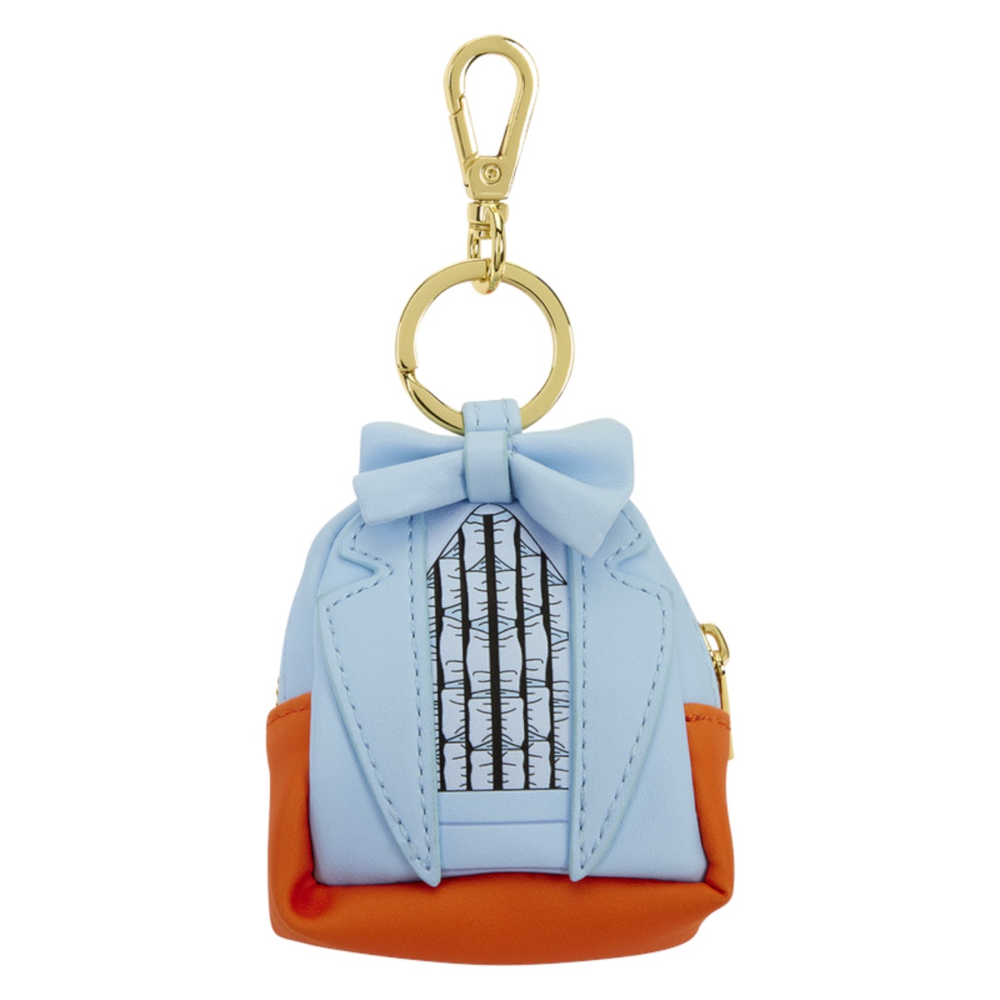A miniature tuxedo keychain bag in light blue and orange faux leather with a gold clasp, shown on a plain white background.