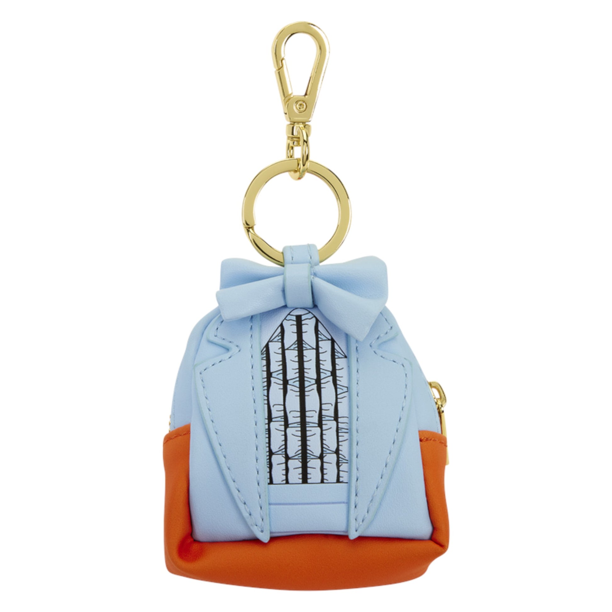 A miniature tuxedo keychain bag in light blue and orange faux leather with a gold clasp, shown on a plain white background.