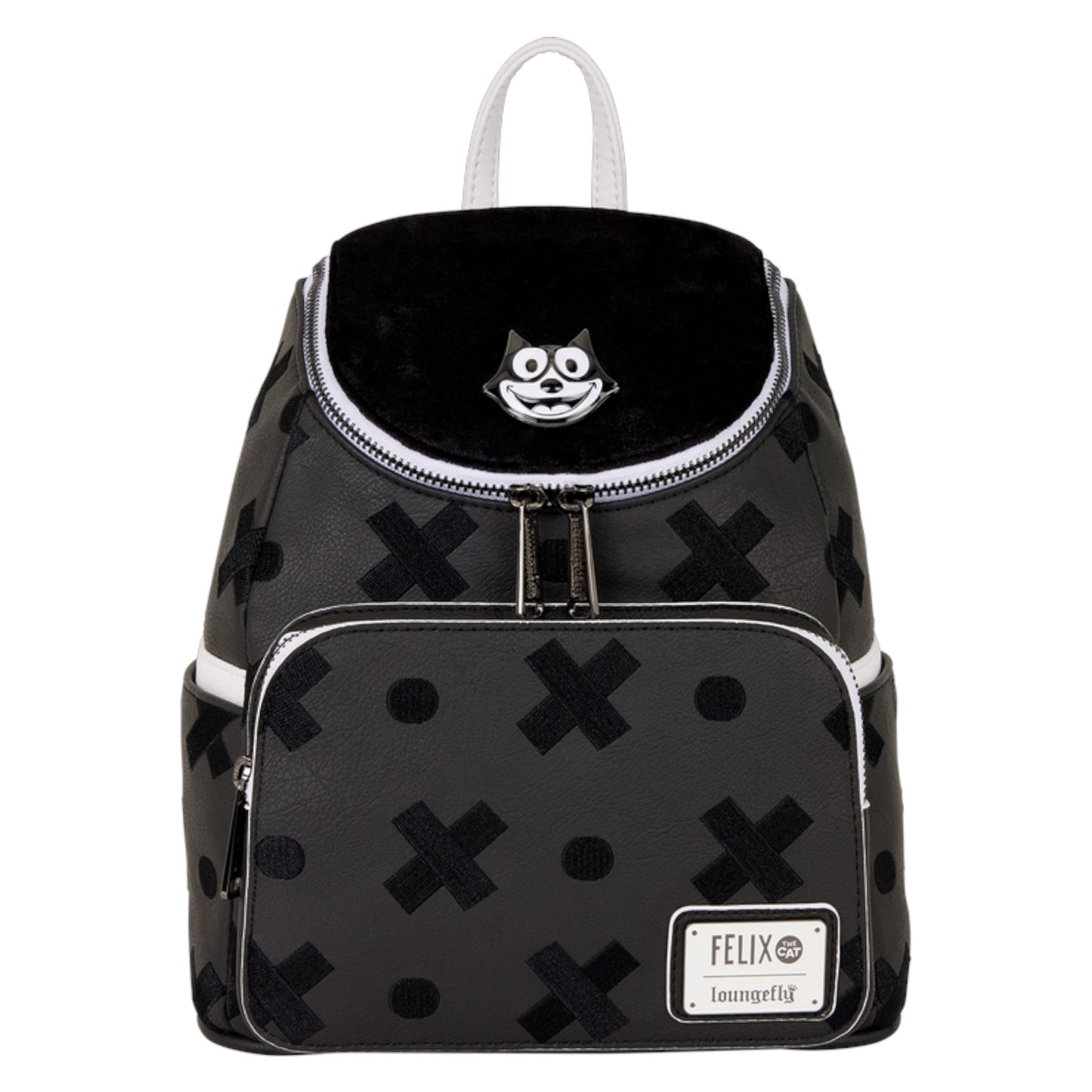 Black Felix the Cat backpack with white accents and a Loungefly logo on a white background