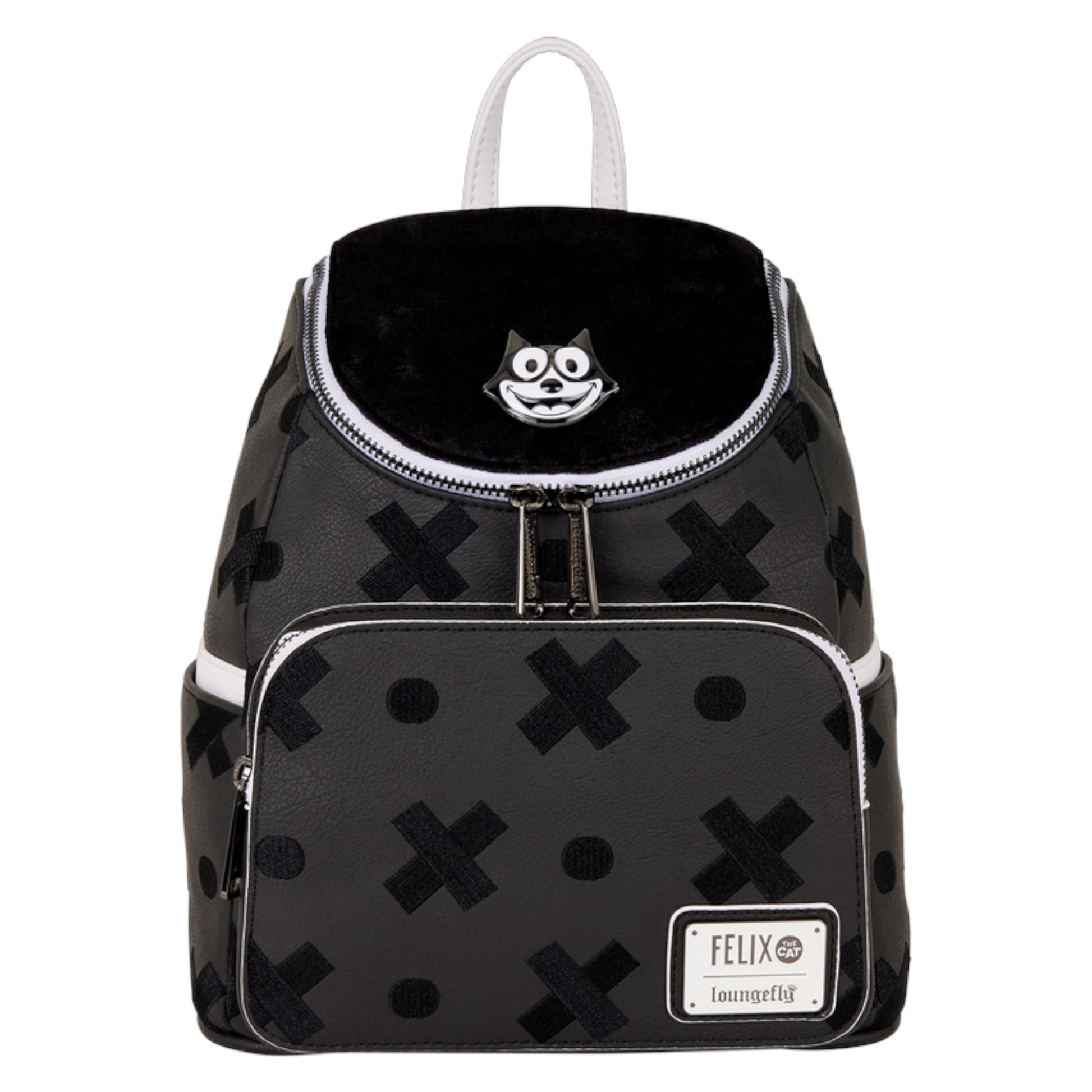 Black Felix the Cat backpack with white accents and a Loungefly logo on a white background