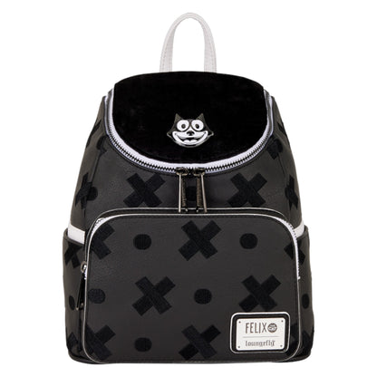 Black Felix the Cat backpack with white accents and a Loungefly logo on a white background