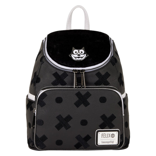 Black Felix the Cat backpack with white accents and a Loungefly logo on a white background