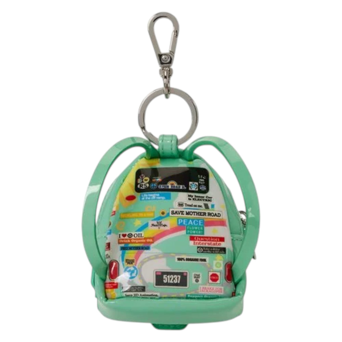 A mint green backpack-shaped coin purse keychain featuring a colorful collage of road safety stickers and a silver metal clasp on a white background.