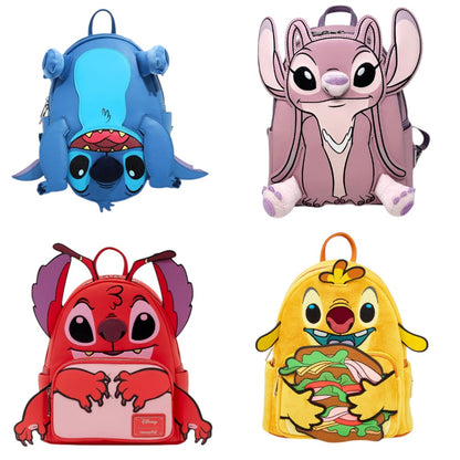 Four colorful backpacks featuring  Lilo & Stitch characters on a white background