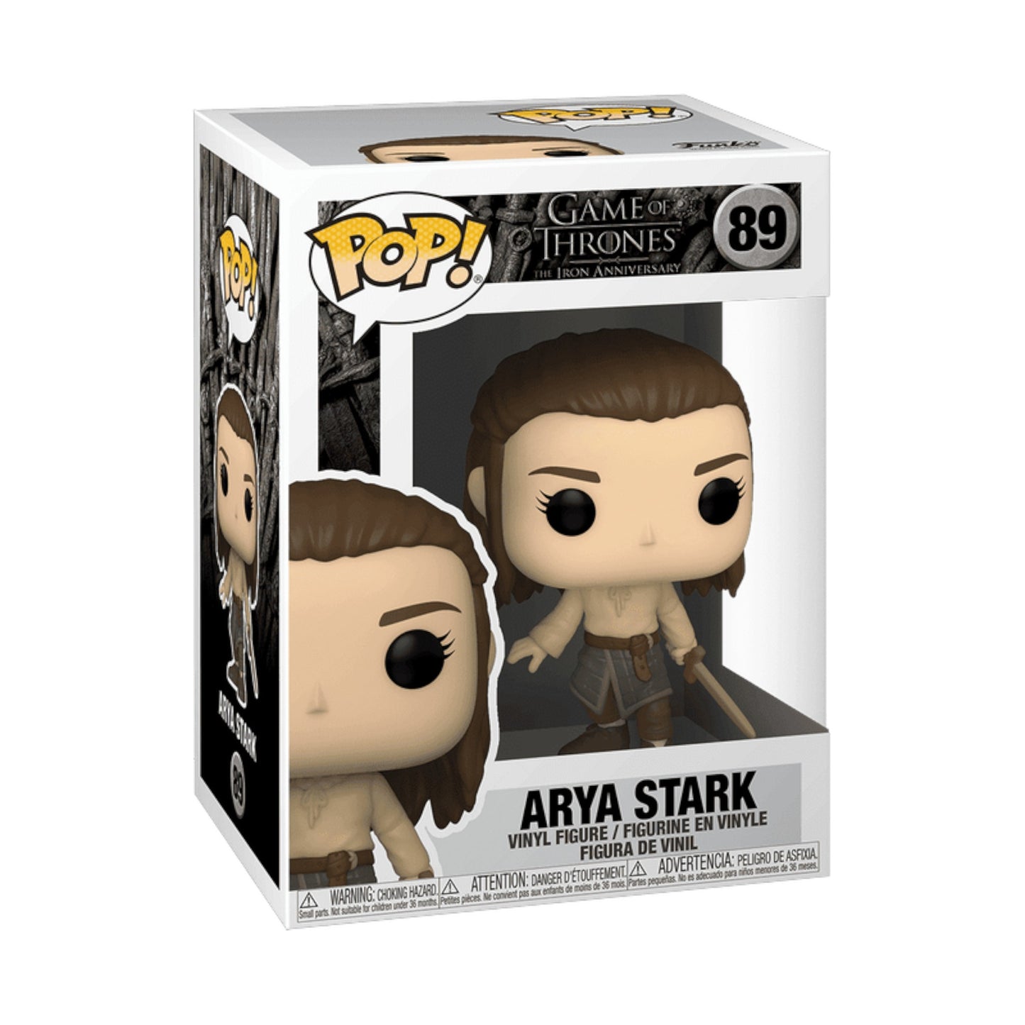 Funko Pop! vinyl figure packaging of Arya Stark from Game of Thrones training on a white background