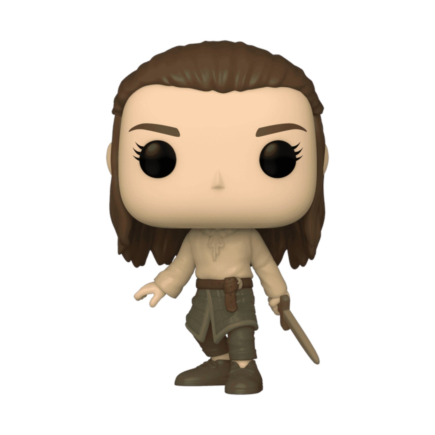 Funko Pop! vinyl figure of Arya Stark with long brown hair and a sword training on a white background