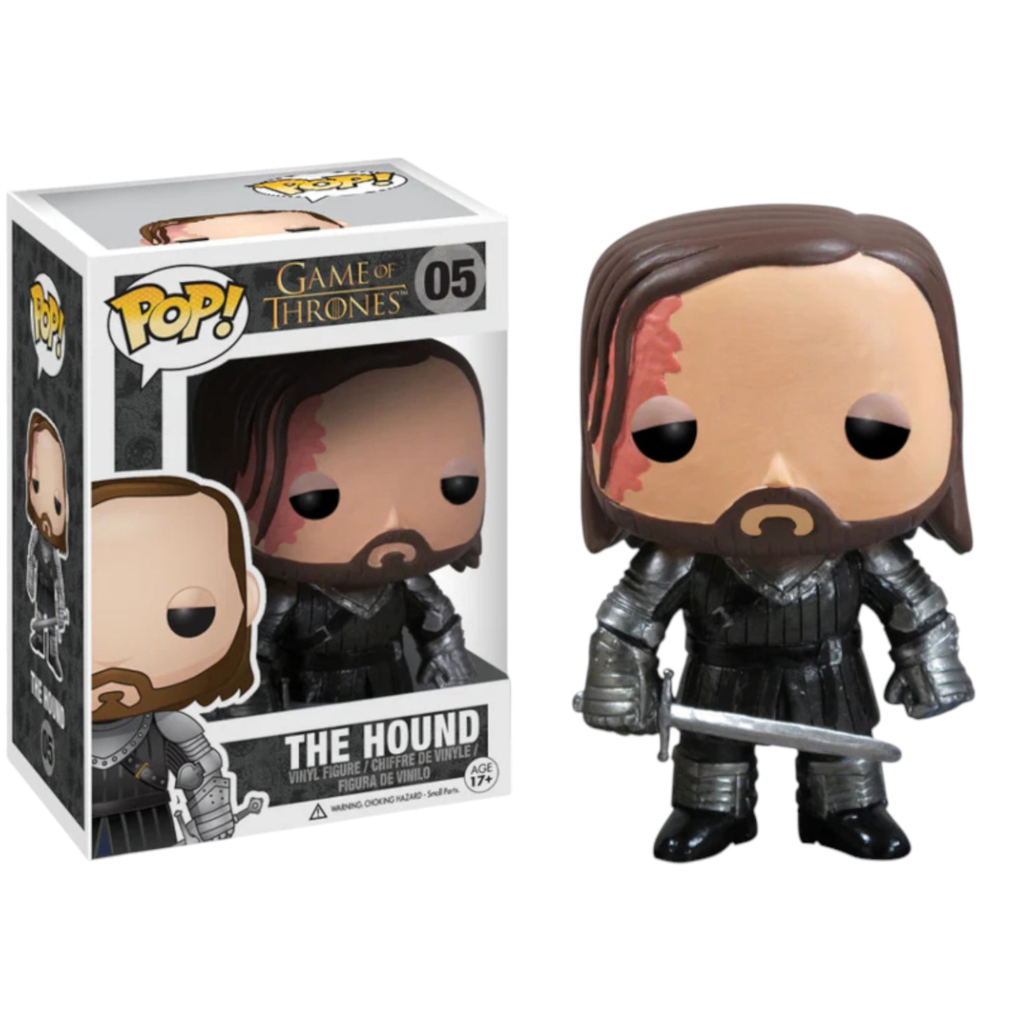 Funko Pop! vinyl figure of The Hound from 'Game of Thrones' next to its packaging on a white background