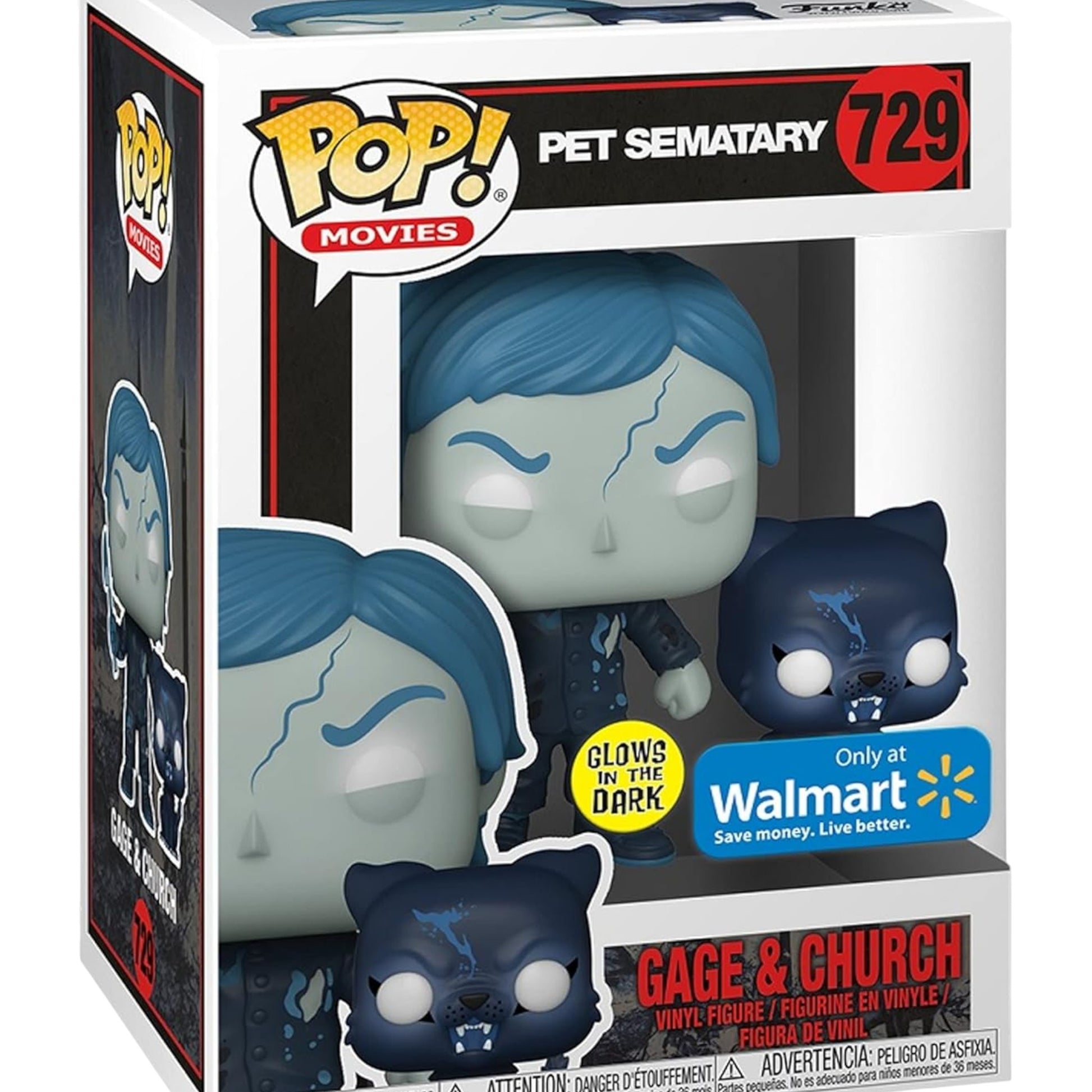 Funko Pop! vinyl figure packaging for 'Pet Sematary' with Gage and Church  character, ghoulish expression, and glowing in the dark feature.