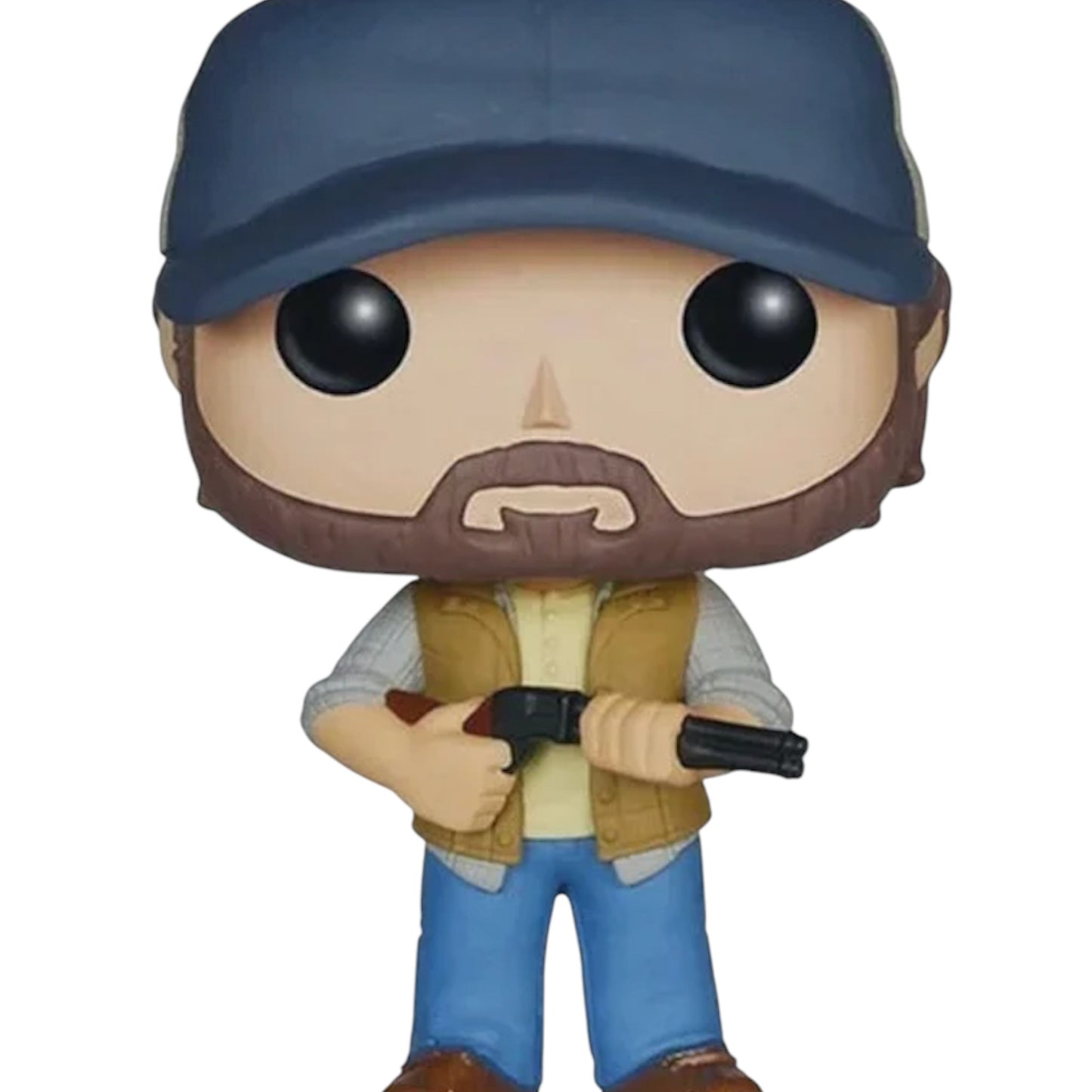 Pop vinyl figure of Bobby Singer wearing a blue cap, brown jacket, and holding a rifle on a white background
