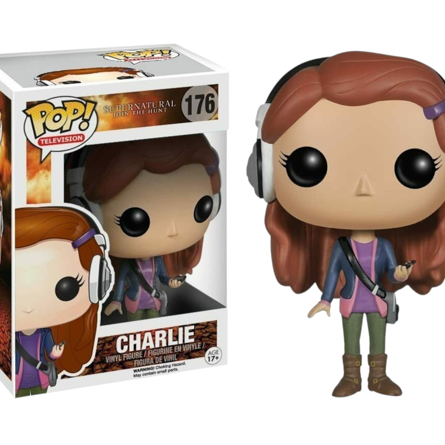 Funko Pop! vinyl figure of Charlie Bradbury with headphones next to its packaging