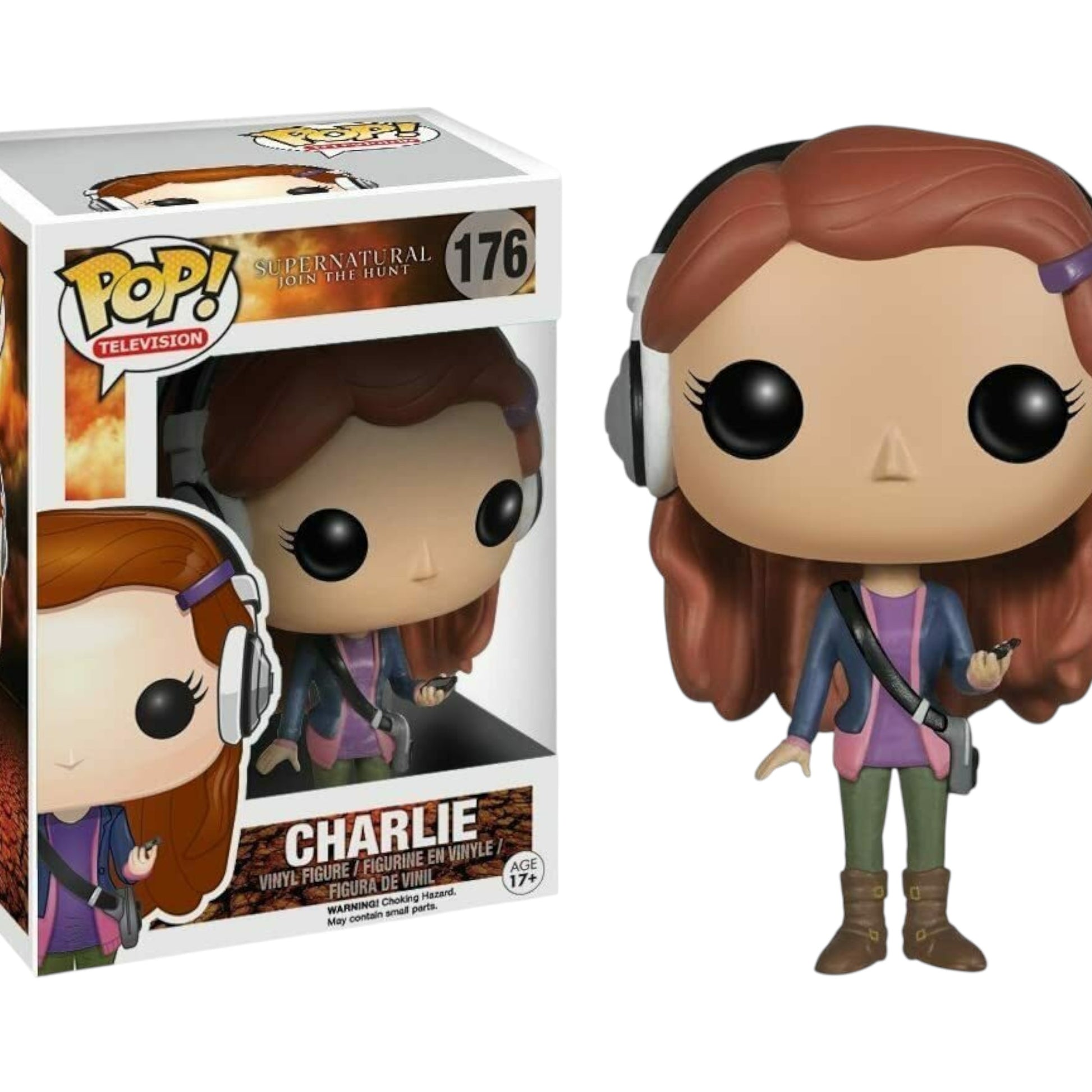 Funko Pop! vinyl figure of Charlie Bradbury with headphones next to its packaging