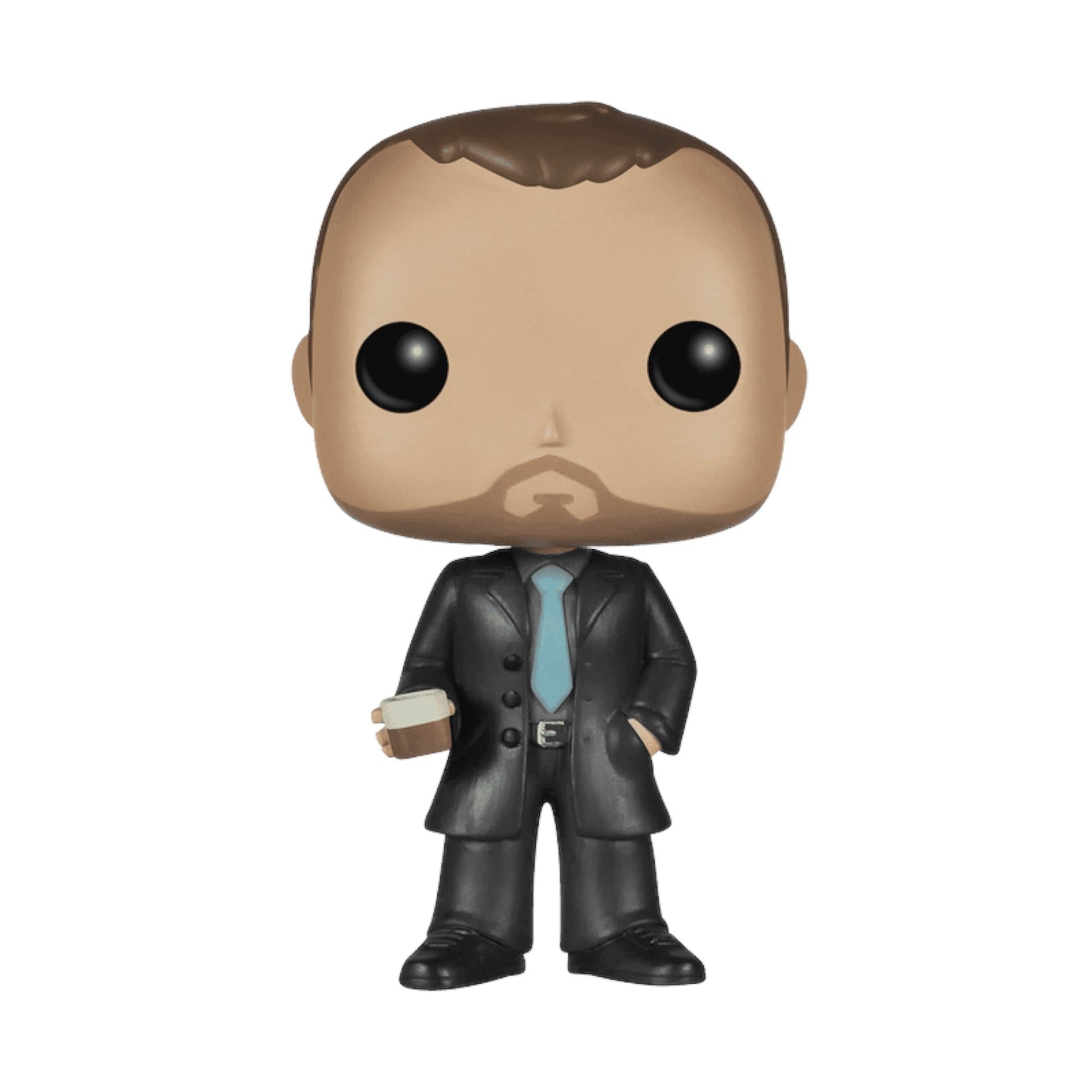 Funko Pop! vinyl figure of the Demon Crowley in a suit holding a cup on a white background