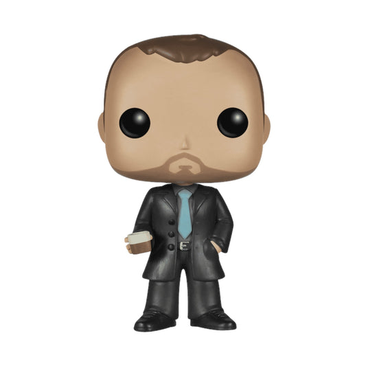 Funko Pop! vinyl figure of the Demon Crowley in a suit holding a cup on a white background