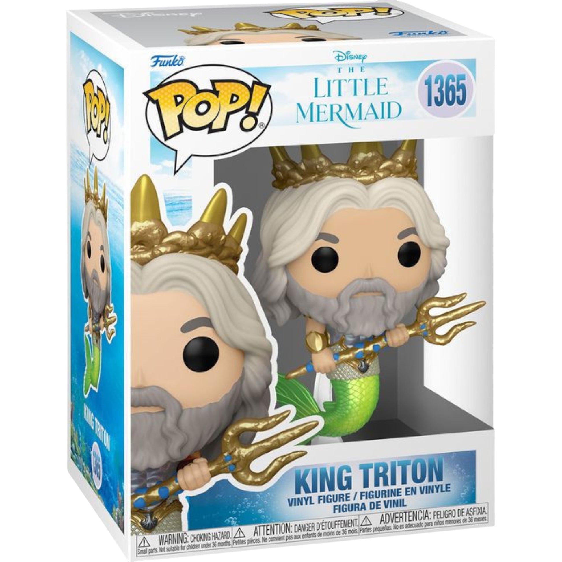 Funko Pop! vinyl figure of The Little Mermaid King Triton with a gold crown, green tail, and holding a trident in its packaging on a white background
