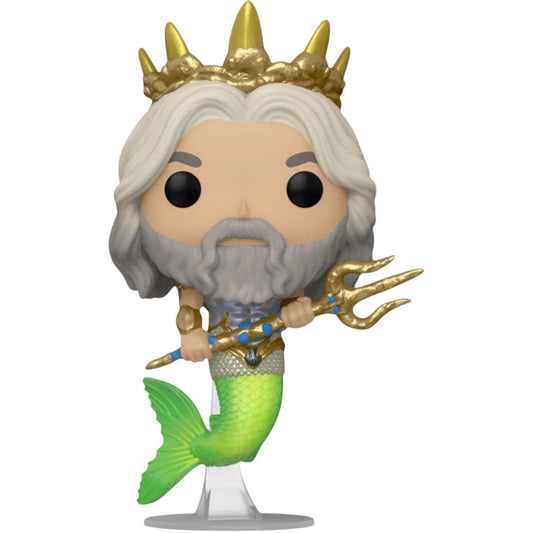 Funko Pop! vinyl figure of The Little Mermaid King Triton with a gold crown, green tail, and holding a trident on a white background