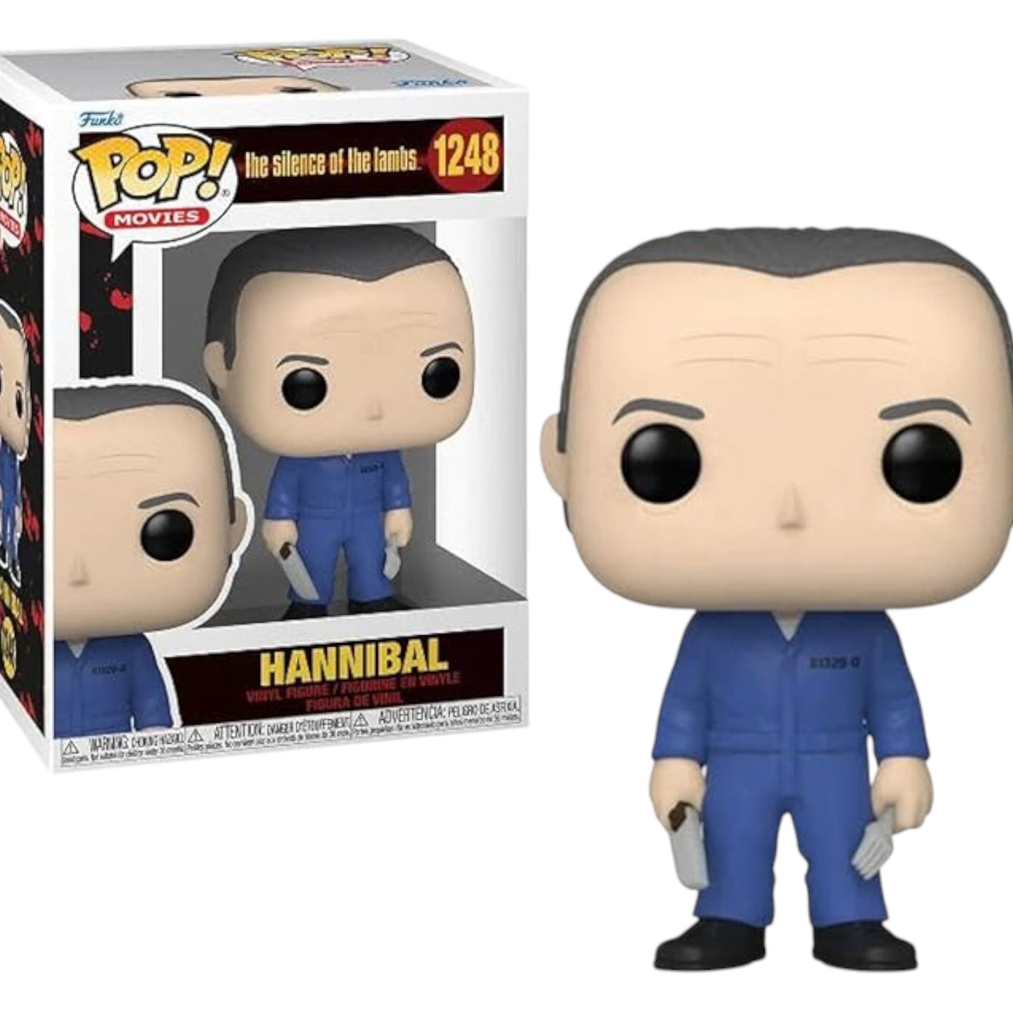 Funko Pop! Hannibal figure from The Silence of the Lambs holding a knife and fork with packaging