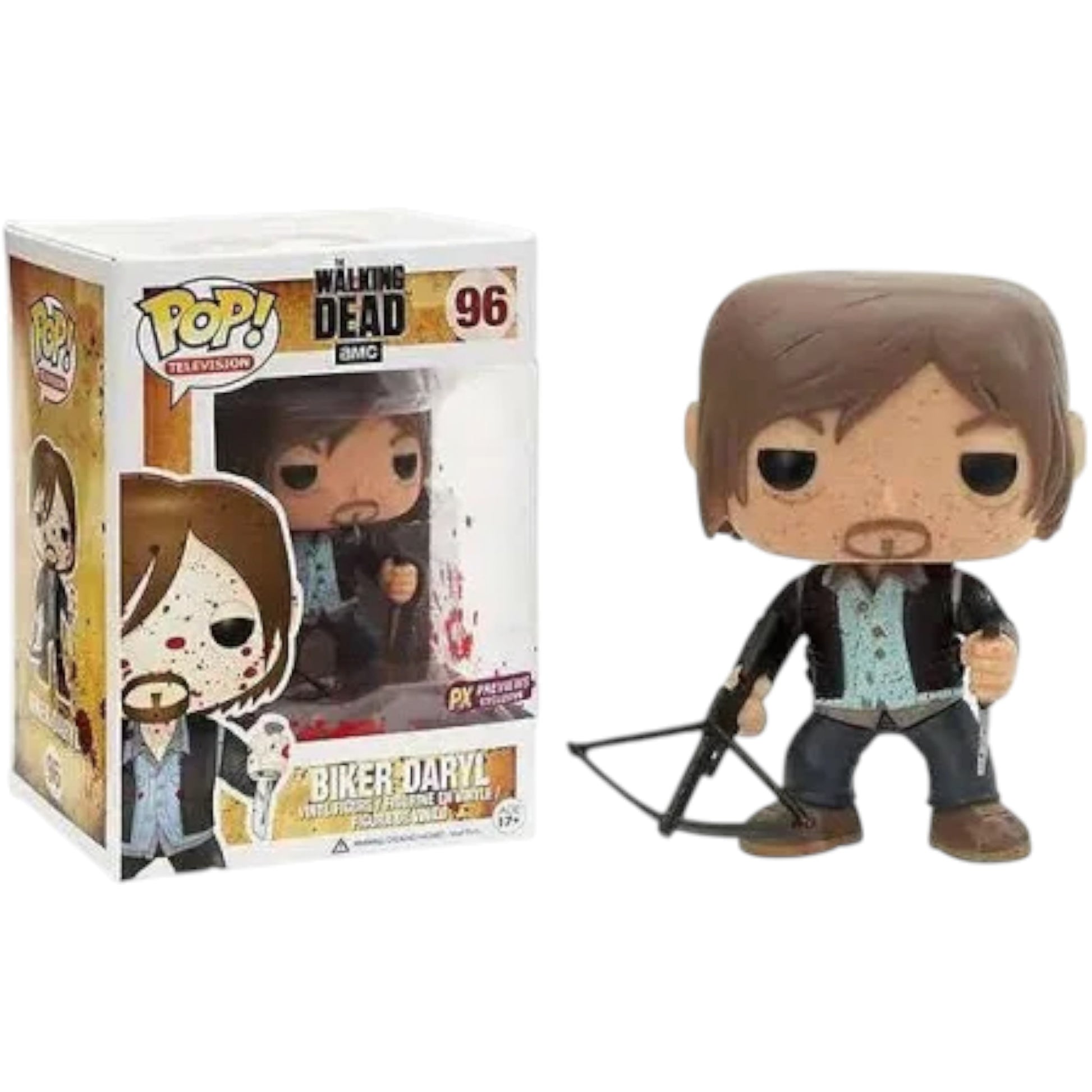 Funko Pop! vinyl figure of Biker Daryl Dixon #96 (Bloody) from 'The Walking Dead' next to its packaging