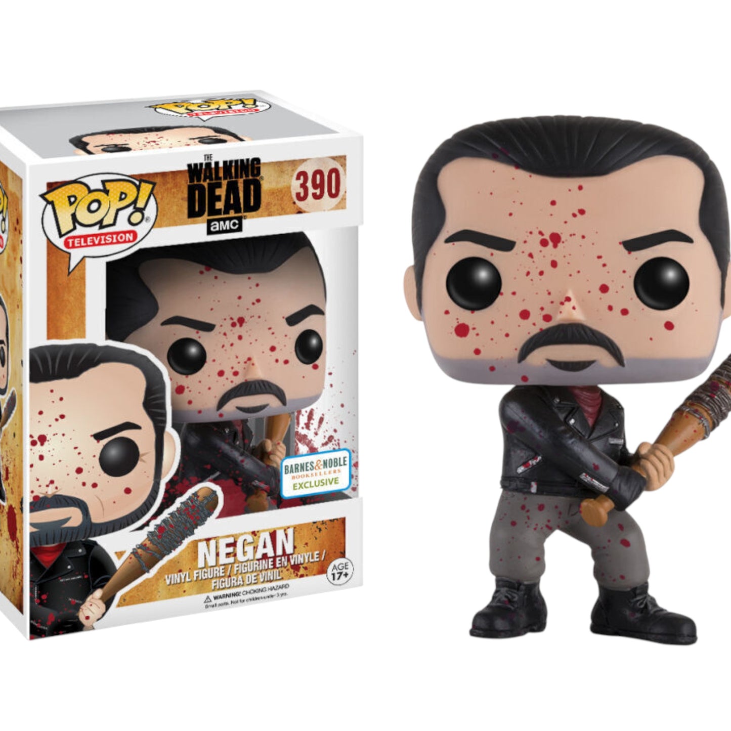 Funko Pop! vinyl figure of Negan from The Walking Dead holding his bat with blood splatter details, next to its packaging.