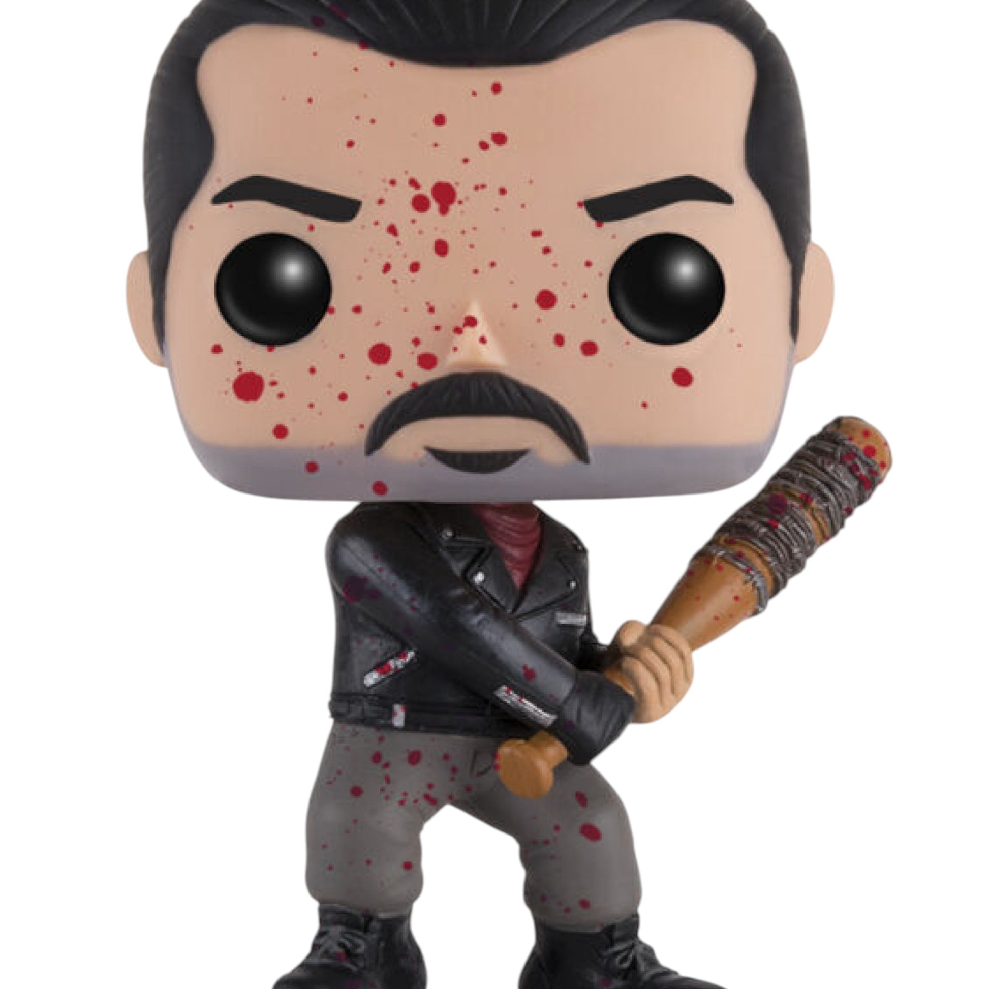 Funko Pop! vinyl figure of Negan holding his bat with blood splatter on a white background