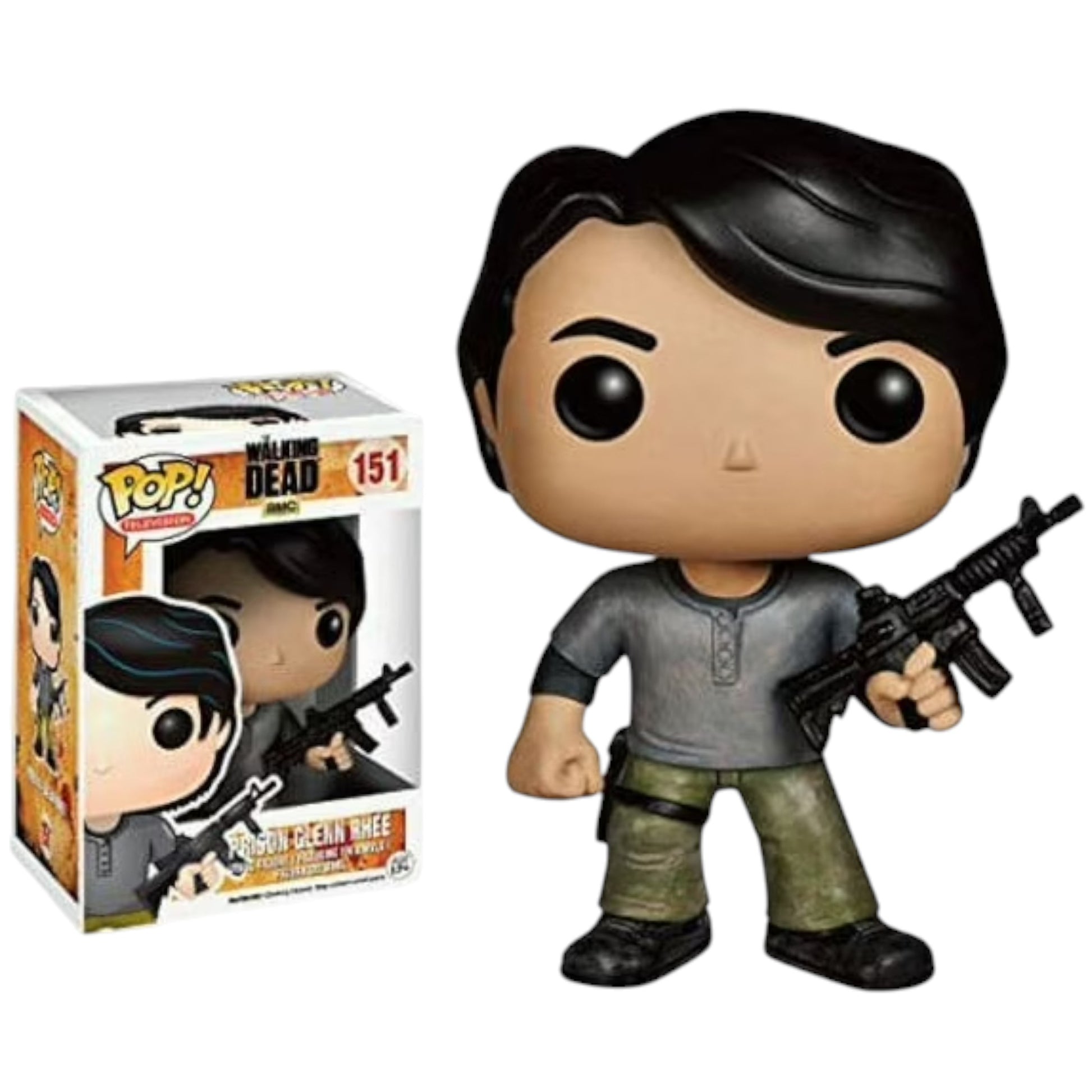 Funko Pop! vinyl figure of Prison Glenn Rhee from 'The Walking Dead' with a gun, next to its packaging.
