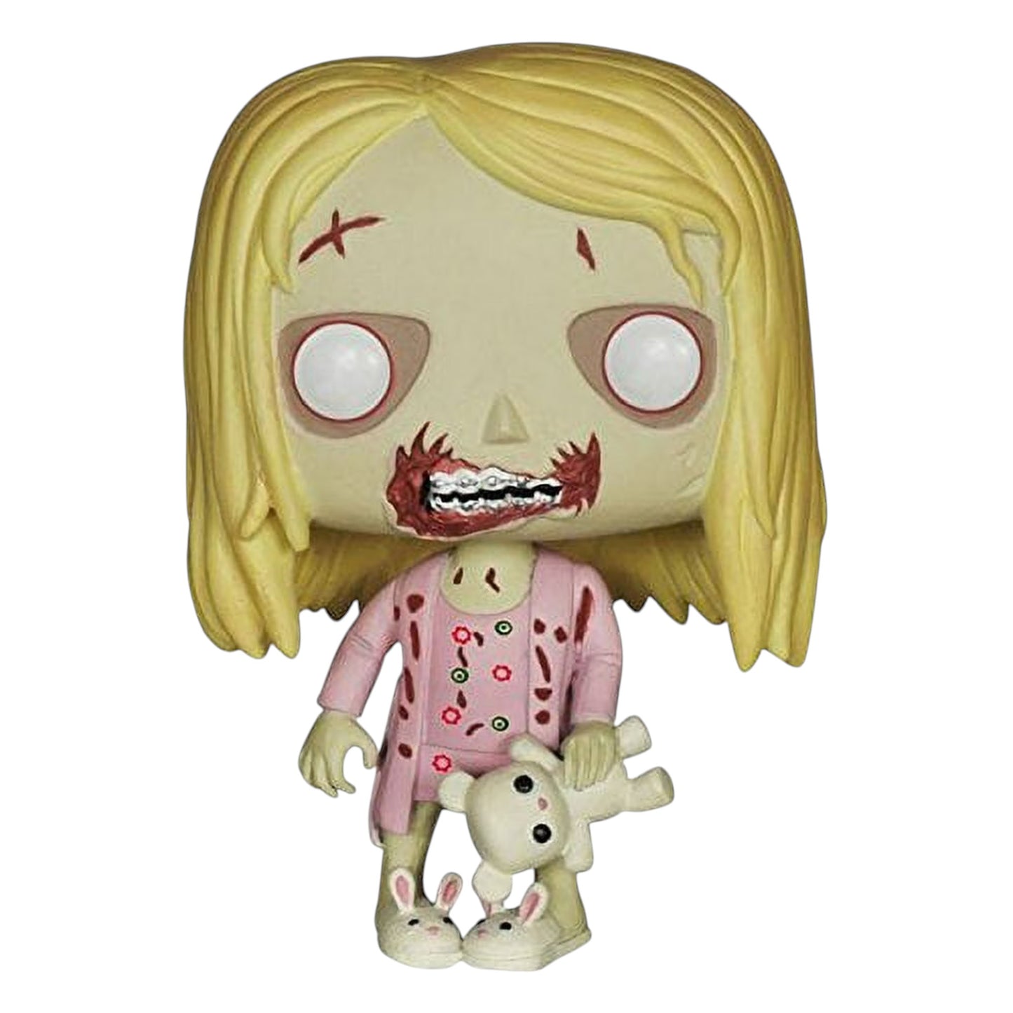 The Walking Dead Teddy Bear Girl with blonde hair and a bloody mouth, holding a teddy bear on a white background.