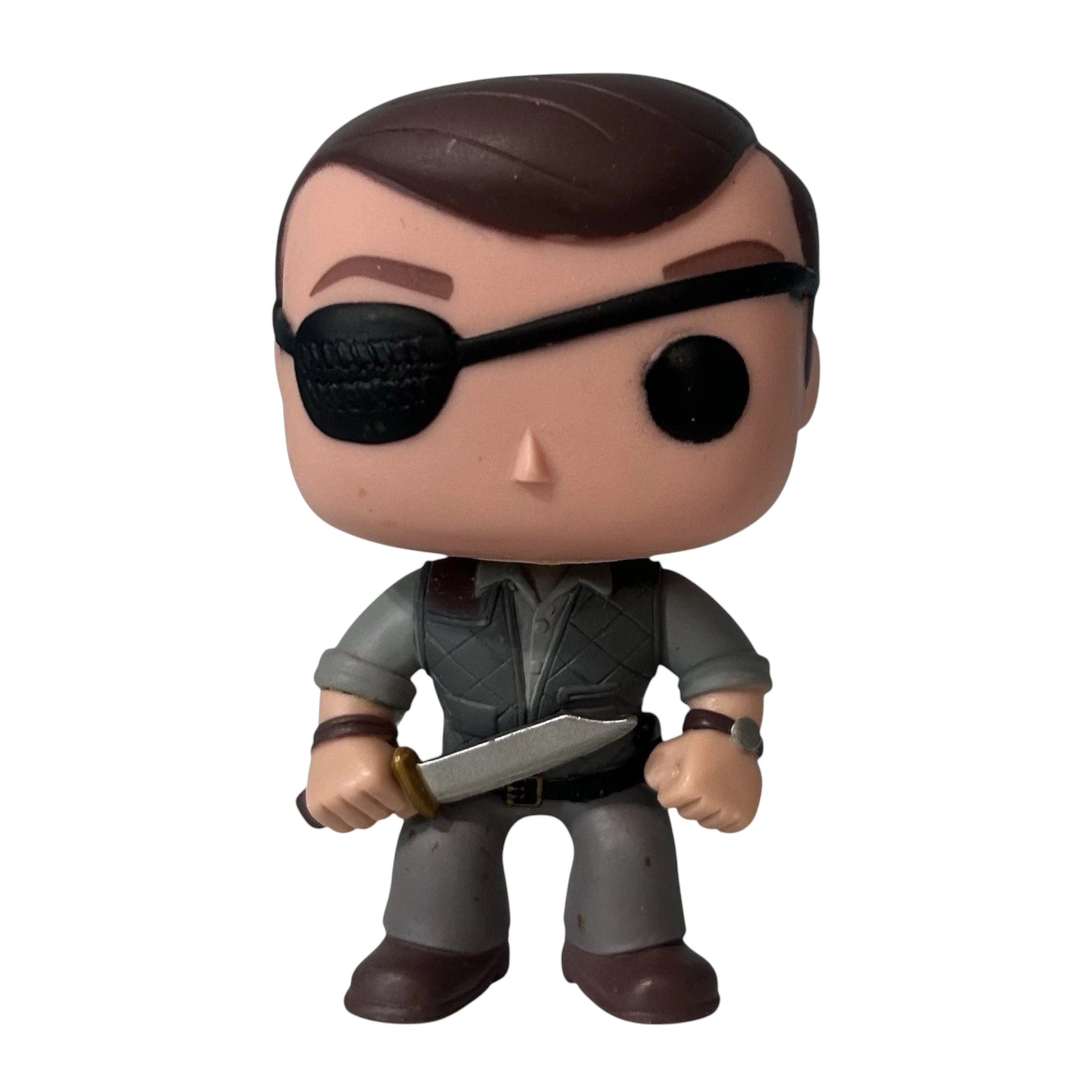 Funko Pop! vinyl figure of The Governor from The Walking Dead  wearing a eyepatch and holding a knife on a white background