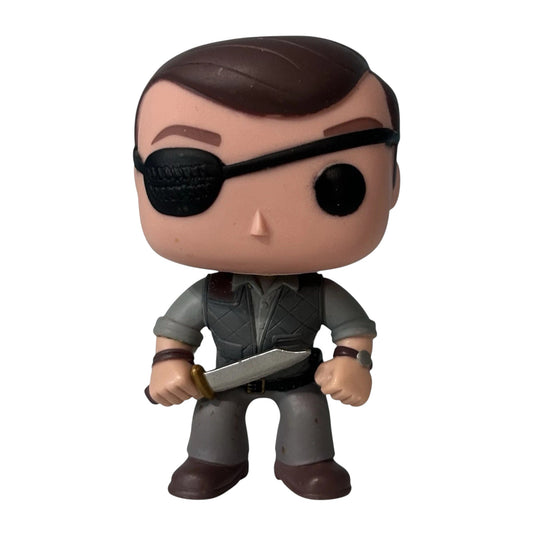 Funko Pop! vinyl figure with The Walking Dead The Governor #66  wearing a eyepatch and holding a knife on a white background