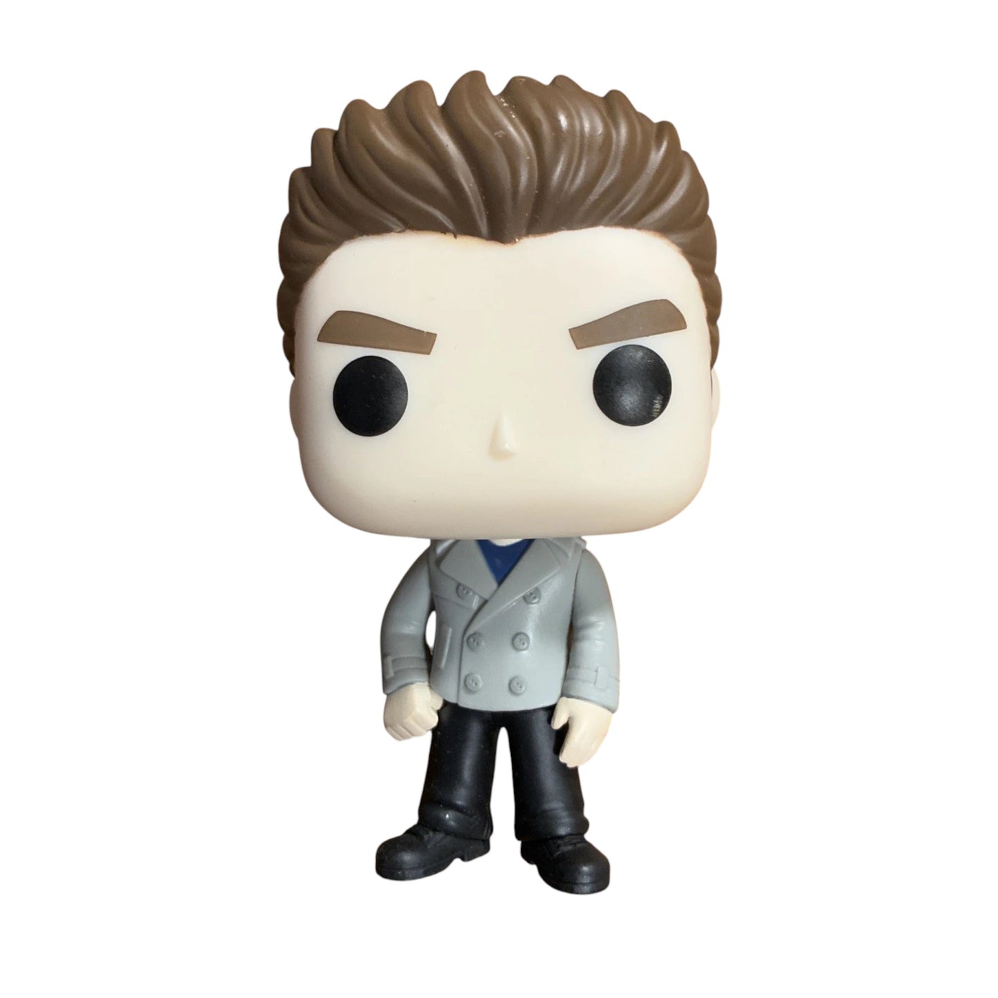 Funko Pop! vinyl figure of Edward Cullen with brown hair, black pants and a grey jacket on a white background