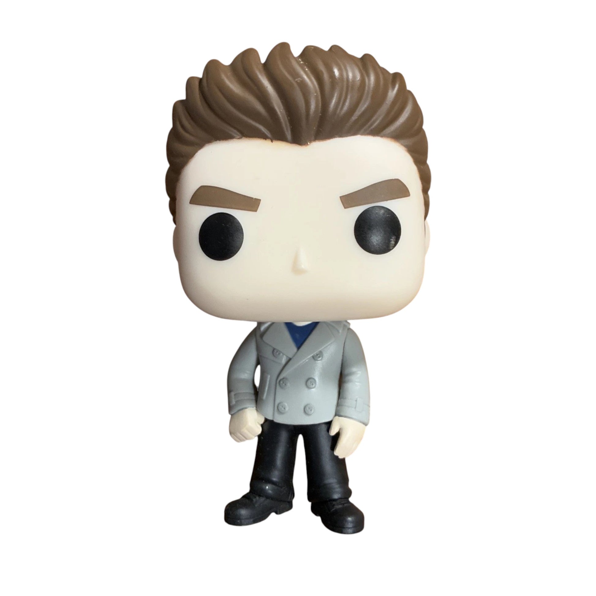 Funko Pop! vinyl figure of Edward Cullen with brown hair, black pants and a grey jacket on a white background