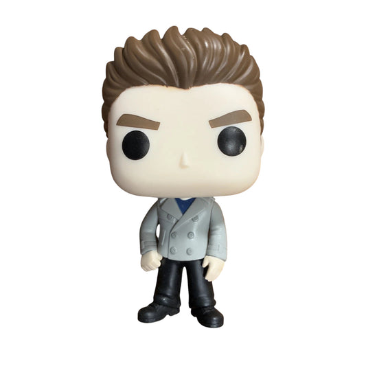 Funko Pop! vinyl figure of Edward Cullen with brown hair, black pants and a grey jacket on a white background
