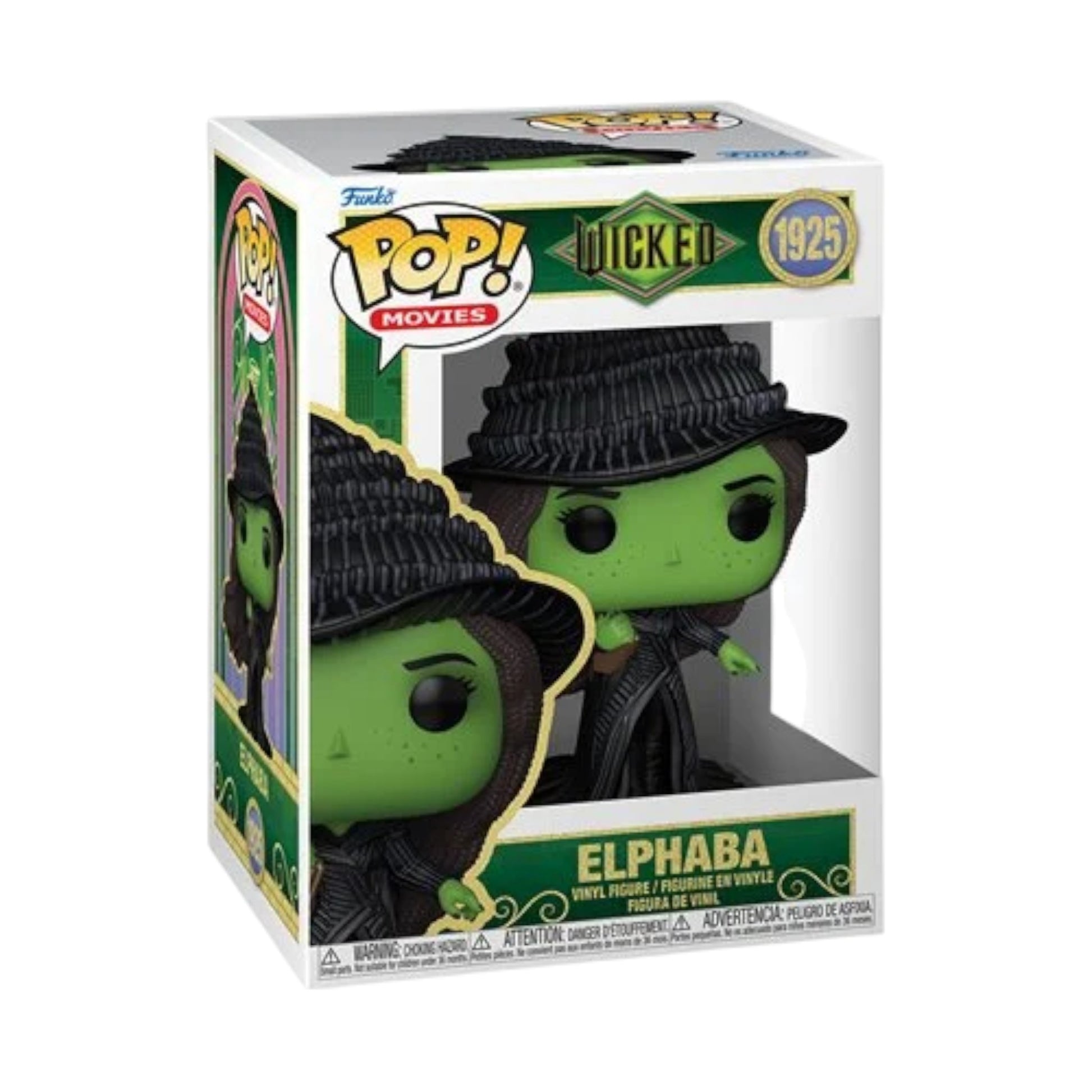 Funko Pop! vinyl figure packaging featuring Elphaba from Wicked For Good, with a green face and black hat and outfit.