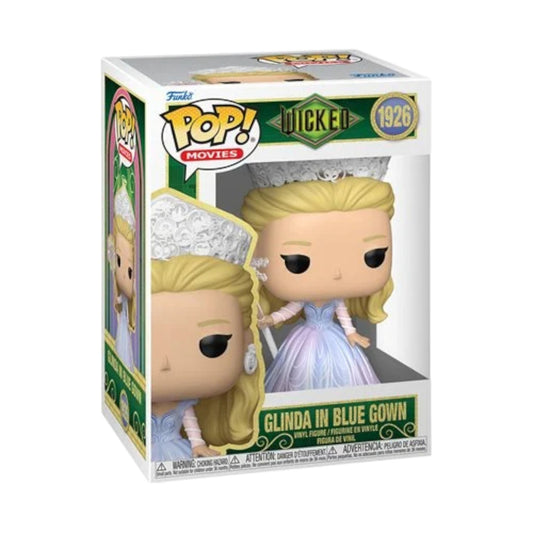 Funko Pop! vinyl figure of Glinda in a blue gown from Wicked For Good, in its packaging.