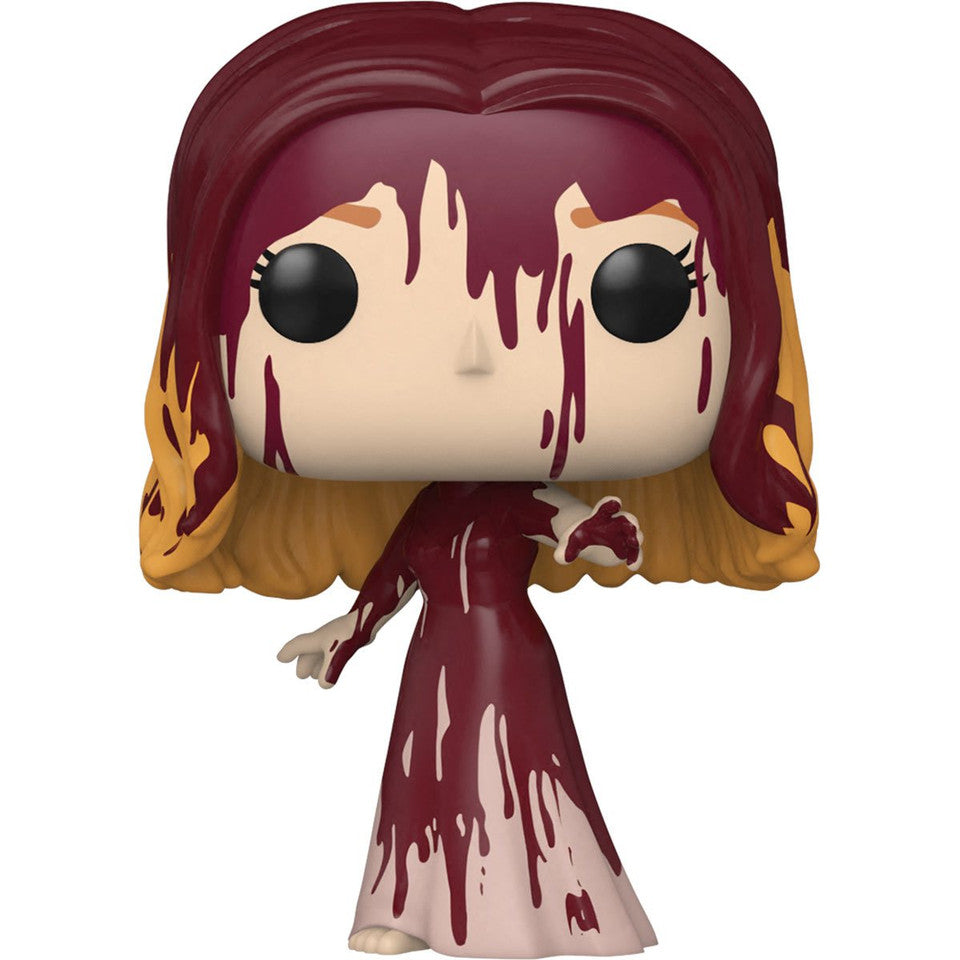 Funko Pop! vinyl figure of Carrie with blood in her hair and on her dress on a white background