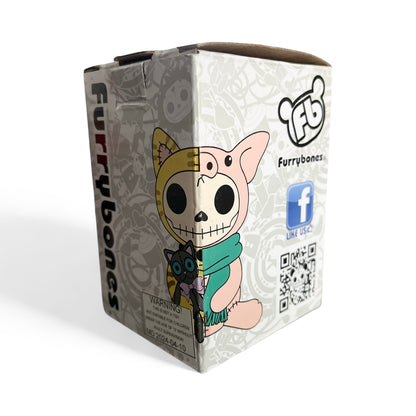 Furrybones figurine packaging with character and QR code on a white background