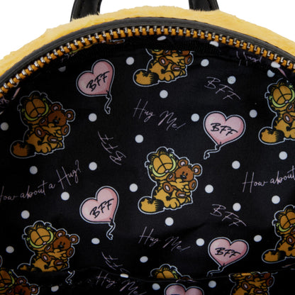 Backpack with Plush Garfield and Pooky characters and text on a black background