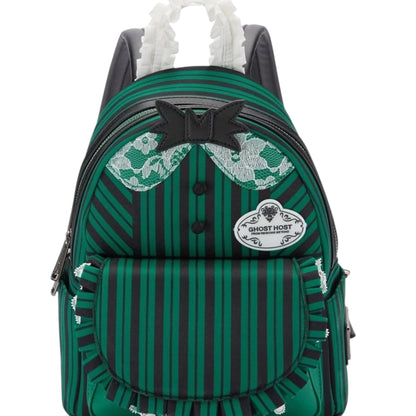Green striped The Haunted Mansion Ghost Host backpack with lace details and a brand logo on a white background