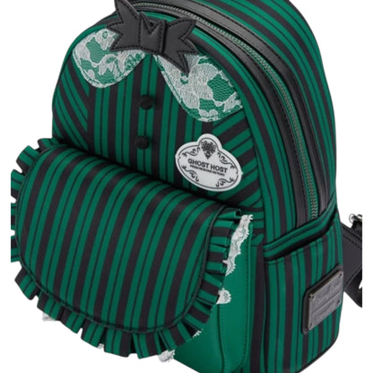Green striped The Haunted Mansion Ghost Host backpack with lace details and a brand logo on a white background