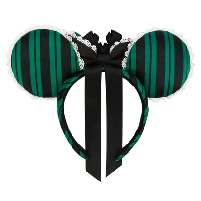 Black and green striped The Haunted Mansion Ghost Host ears with a bow on a white background