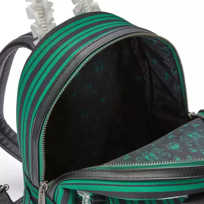 Green and black striped backpack with a design on a white background