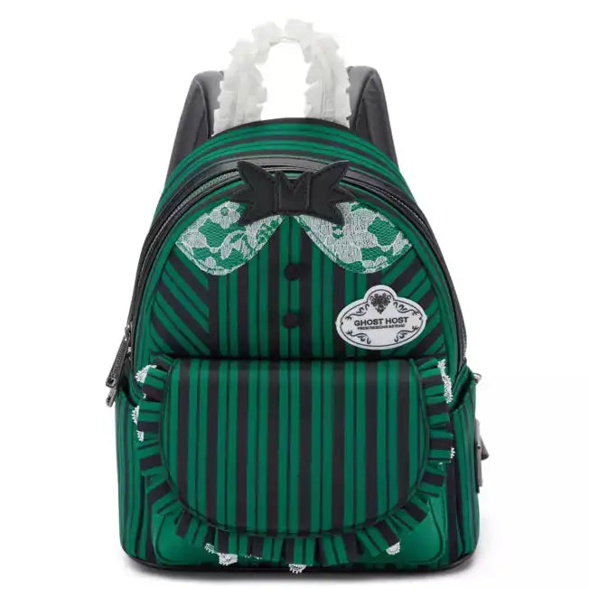 Green striped backpack with decorative elements on a white background