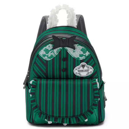 Green striped backpack with decorative elements on a white background