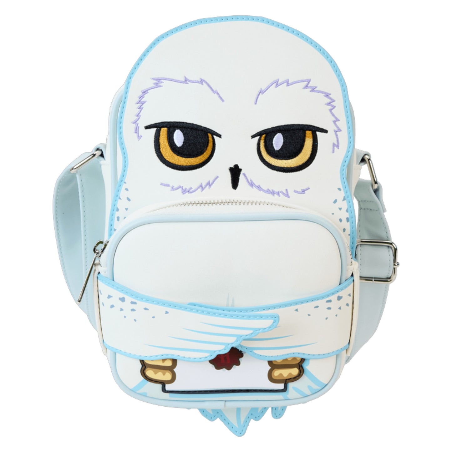 Harry Potter Hedwig crossbody with a white face and blue accents on a white background