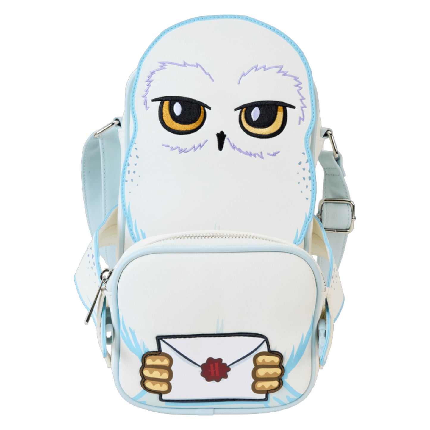 Harry Potter Hedwig-shaped crossbody bag with a letter and envelope design on a white background
